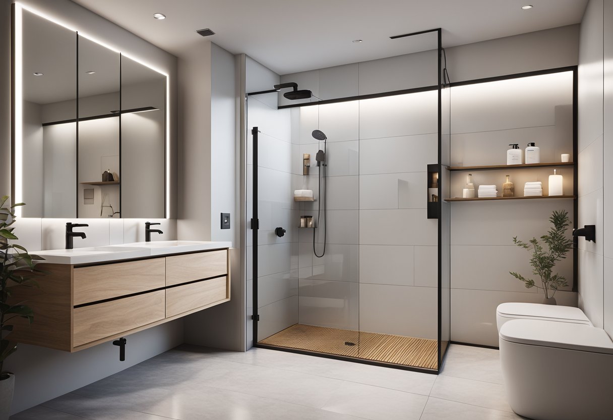A newly renovated bathroom with modern fixtures, clean lines, and ample storage. Bright lighting highlights the sleek design and functional layout